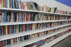 Books lined up on multiple shelves.
